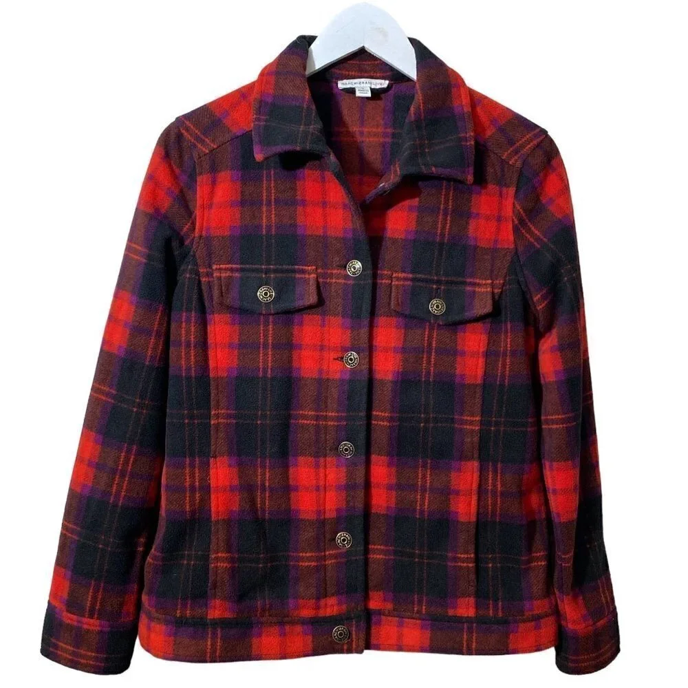 Isaac Mizrahi Live Fleece Trucker Jacket Size Small Red Plaid